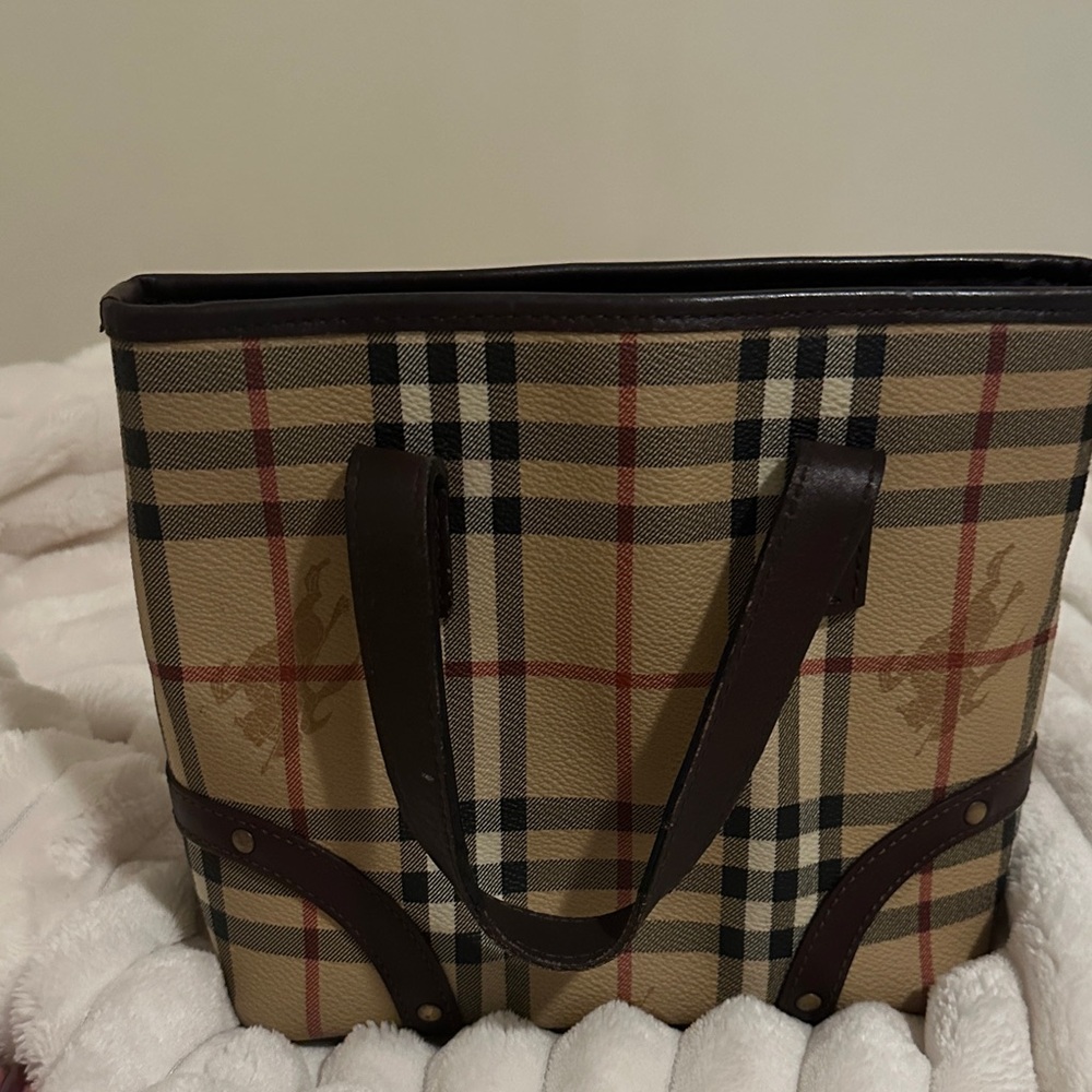 Vintage Burberry Beige and Dark Brown Plaid Handbag and Cosmetic Bag